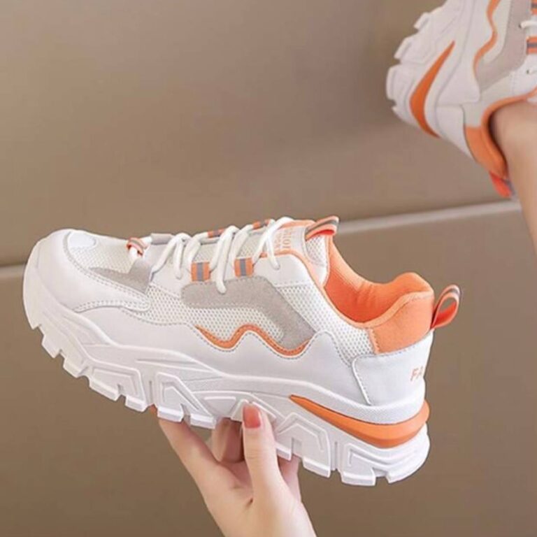 کتونی اسپرت لژدار زنانه طبی موج سفید نارنجی Women's Platform Orthopedic Wave White Orange Sneakers