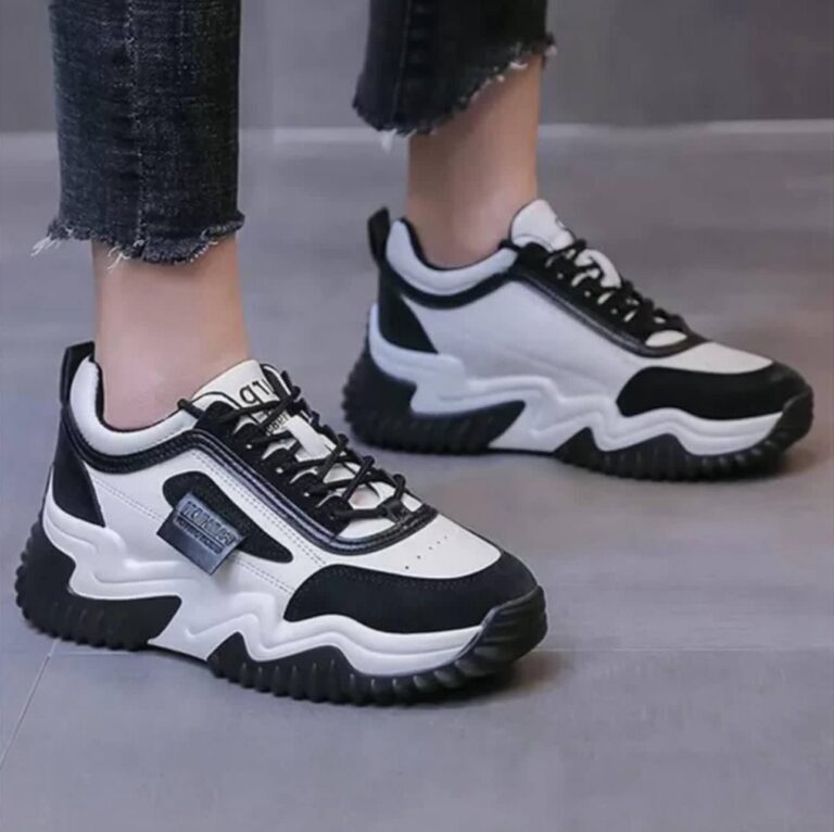 کتونی لژدار زنانه سفید مشکی فشن Women's White Black Platform Fashion Sneakers