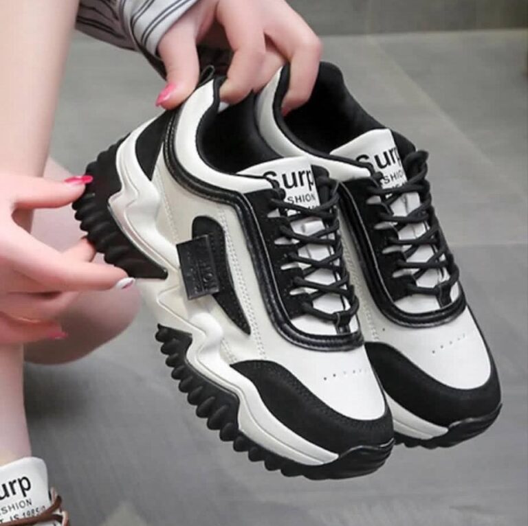 کتونی لژدار زنانه سفید مشکی فشن Women's White Black Platform Fashion Sneakers