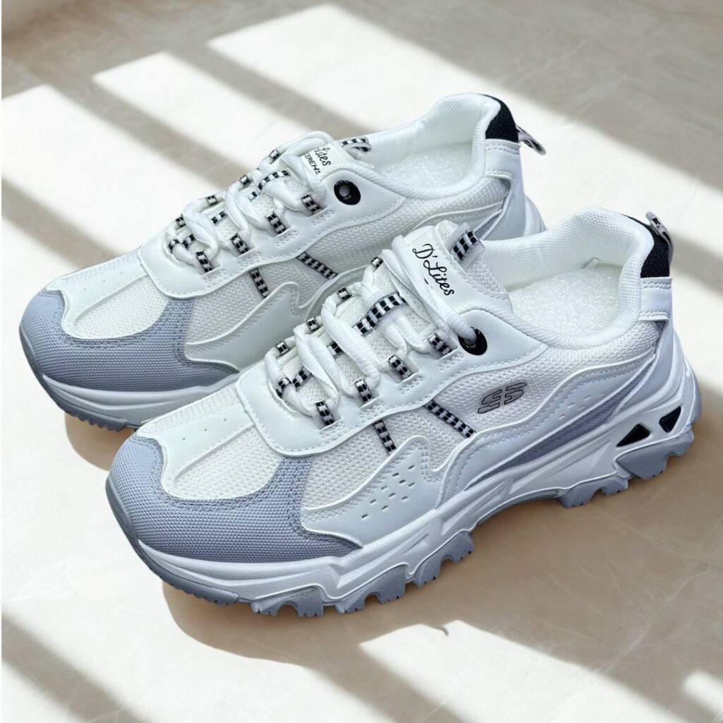 کتونی اسکیچرز لژدار سفید طوسی Skechers Platform White Gray Sneakers