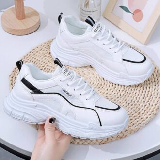 کتونی اسپرت لژدار طبی مدل چونه فانتزی سفید مشکی Women's Chunky Platform Orthopedic White Black Fashion Sneakers