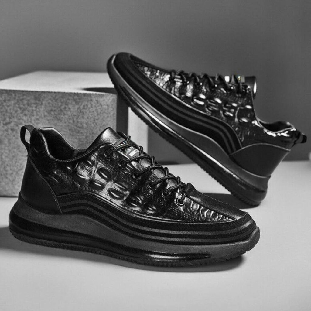 کتونی مردانه جدید با طرح چرم تمساح مشکی Men’s Crocodile Pattern Black Casual Sneakers