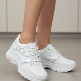 کتونی اسپرت لژدار فانتزی سفید نقره‌ای ورنی Women's Platform Fashion White Silver Patent Sneakers