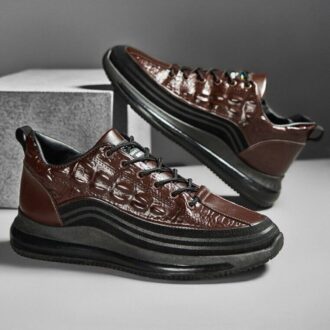 کتونی مردانه اسپرت طرح چرم تمساح قهوه‌ای مشکی Men's Crocodile Pattern Leather Sport Sneakers Brown Black