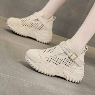 کتونی لژ مخفی لژدار زنانه رویه تنفسی کرم Women's Hidden Platform Breathable Cream Sneakers