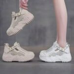 کتونی لژ مخفی لژدار زنانه رویه تنفسی کرم Women's Hidden Platform Breathable Cream Sneakers