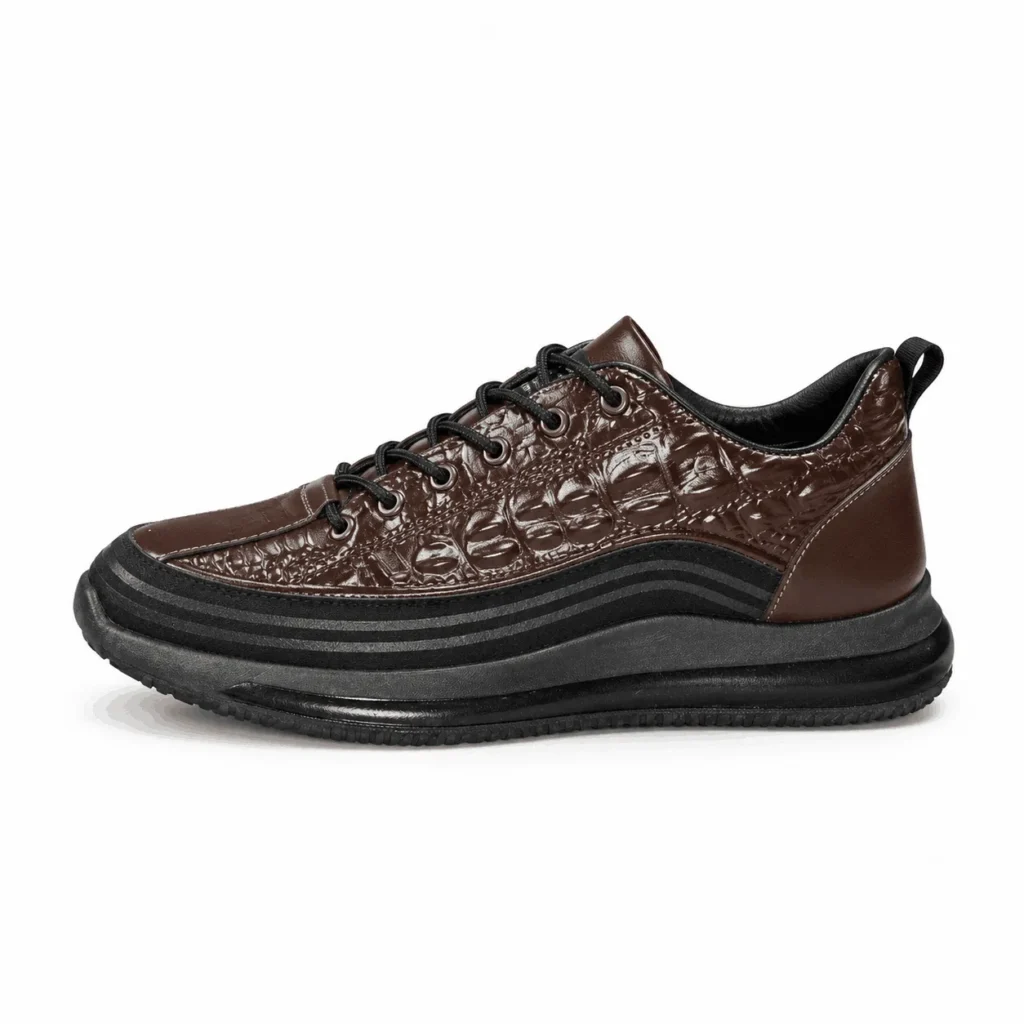 کتونی مردانه اسپرت طرح چرم تمساح قهوه‌ای مشکی Men's Crocodile Pattern Leather Sport Sneakers Brown Black
